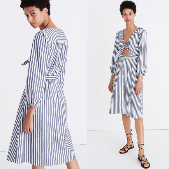 Madewell Dresses & Skirts - Madewell Blue & White Cotton Shimmer Stripe Cutout Midi Dress 3/4 Sleeve Size 2
